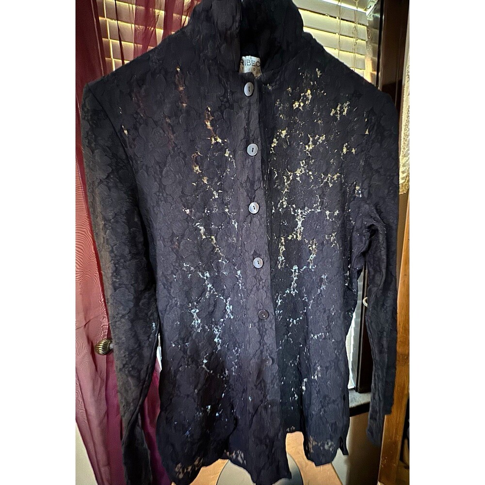 Vintage Tribeca Studio Black Floral Lace Button Up Blouse Estimated L Goth 90s